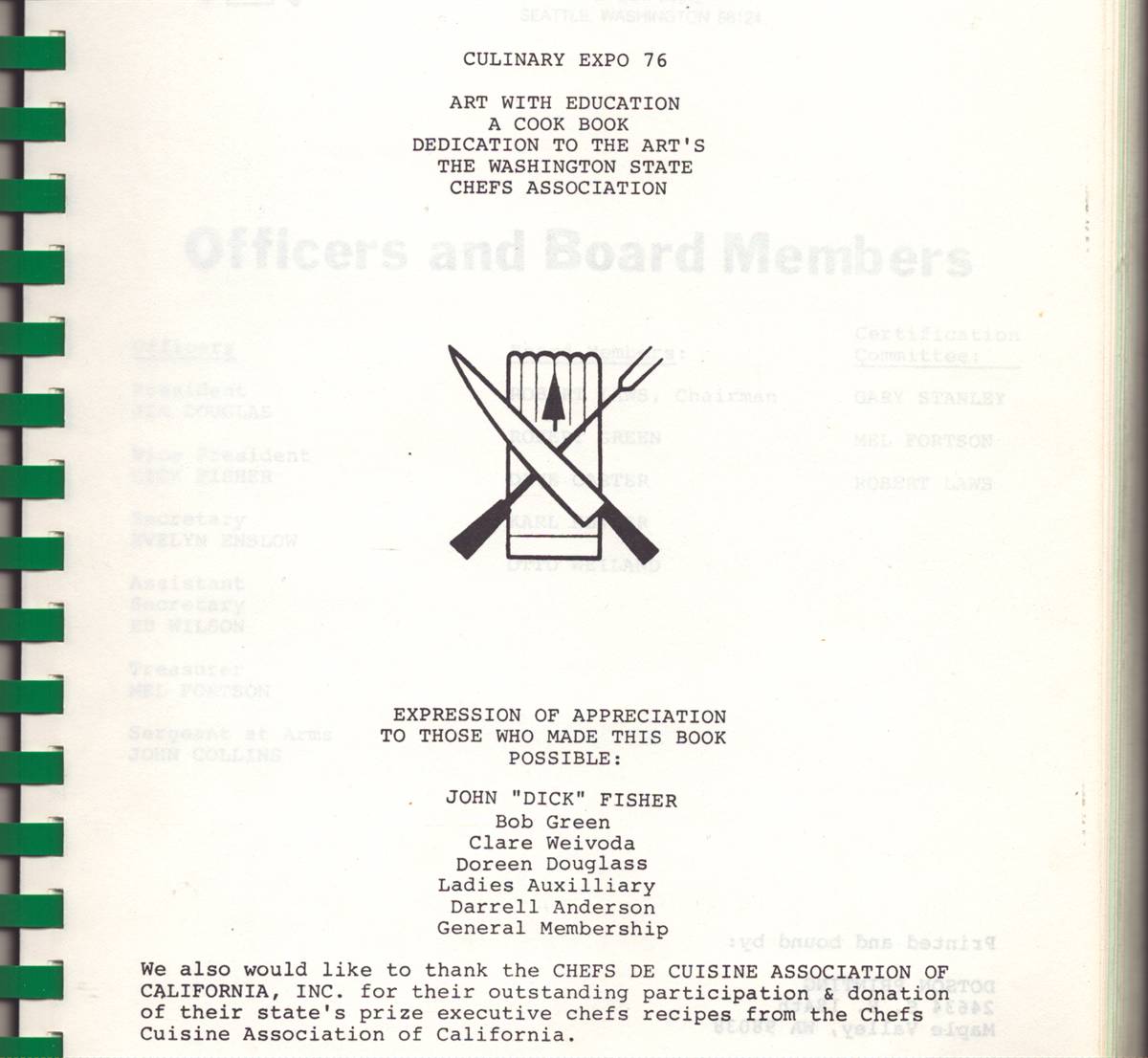 WASHINGTON STATE CHEF'S ASSOCIATION FAVORITE RECIPES Culinary Expo 76 Art with Education a Cook Book Dedication to the Art's